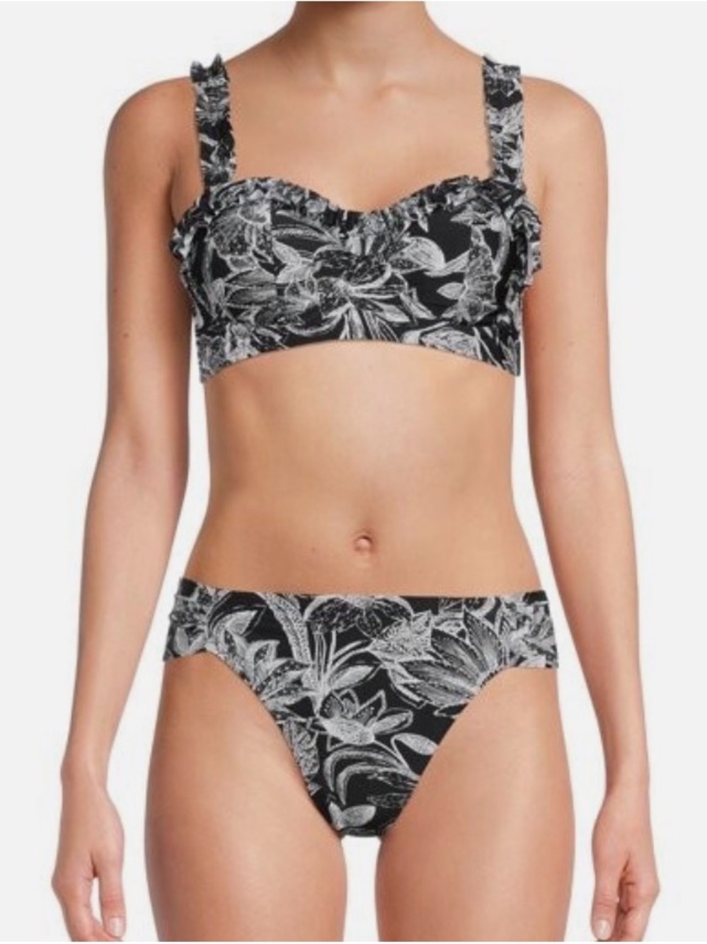 Black & White Floral Ruffle Bikini Set - Women Swim black bottoms XL